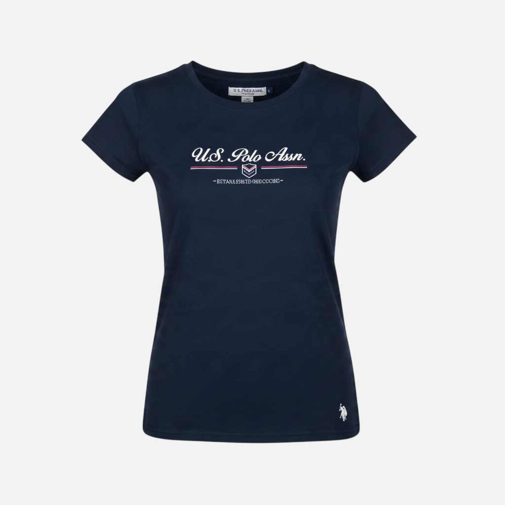 Camiseta azul marino de algodón para mujer de www.treshop.com.co con estampado gráfico y logo bordado