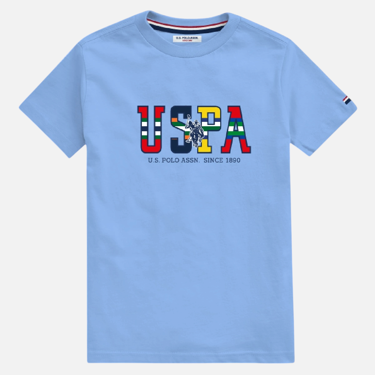 Camiseta azul claro de algodón www.treshop.com.co con estampado gráfico USPA y logo de jugador de polo en el frente