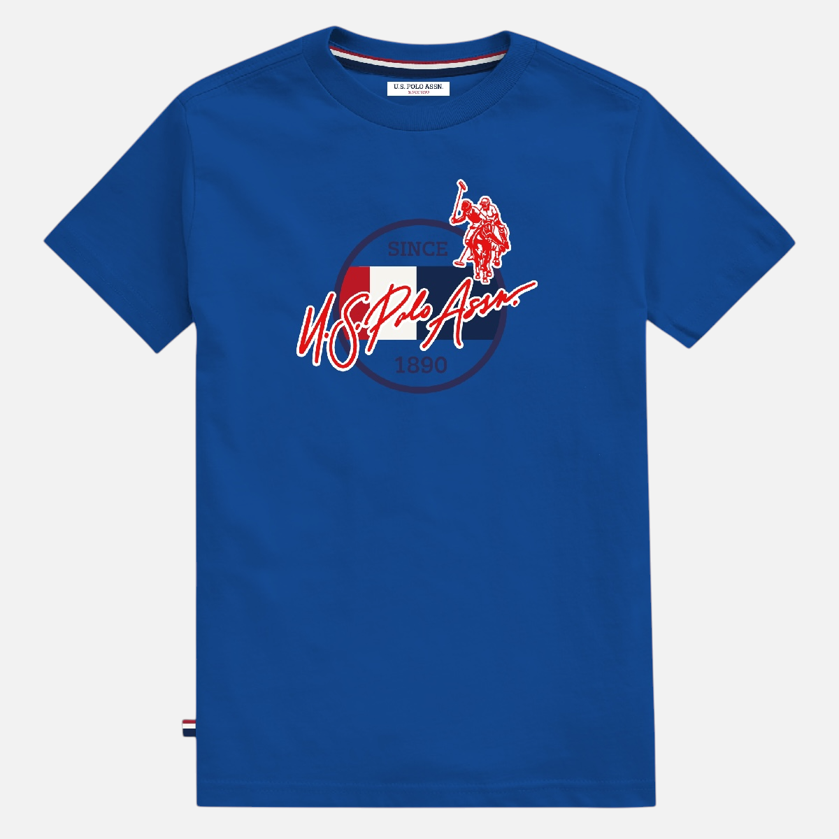 Camiseta azul de algodón www.treshop.com.co con estampado gráfico del logo de U.S. Polo Assn. en rojo y blanco