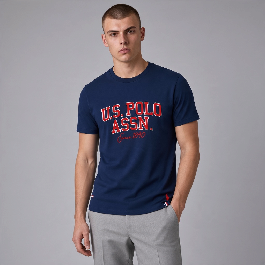 Camiseta azul marino de algodón www.treshop.com.co con estampado frontal rojo y logo bordado para hombre