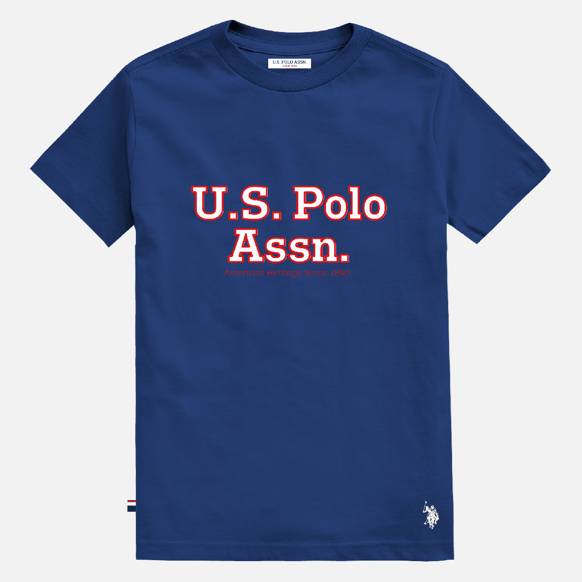 Camiseta azul de algodón para hombre de www.treshop.com.co con logo estampado y detalle bordado en el bajo
