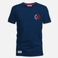 Camiseta azul marino de algodón www.treshop.com.co con logo circular rojo y blanco en el pecho y parche inferior
