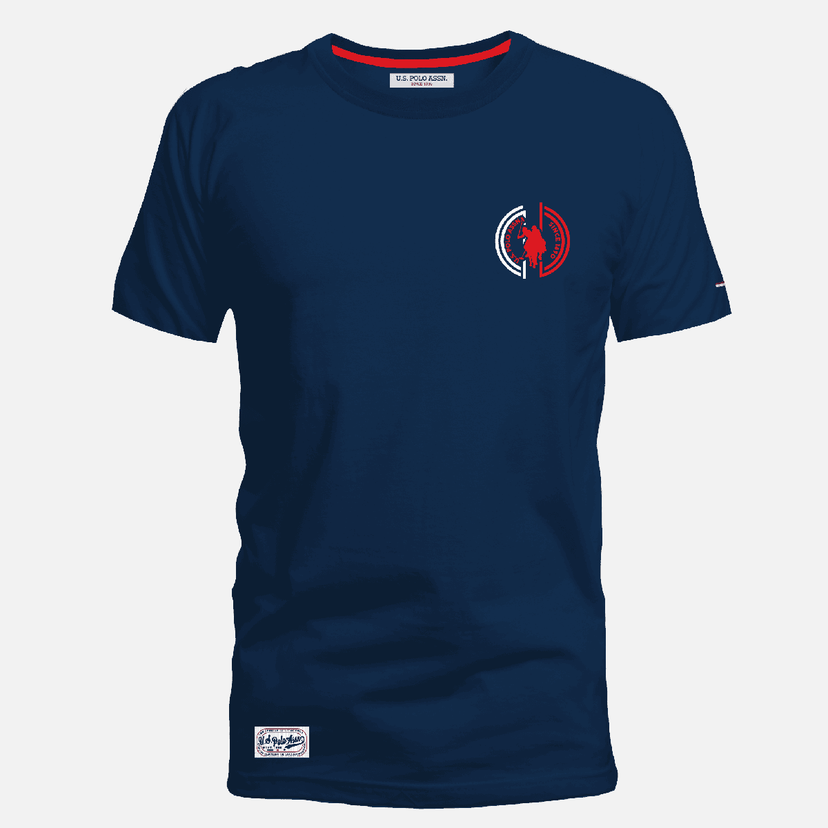 Camiseta azul marino de algodón www.treshop.com.co con logo circular rojo y blanco en el pecho y parche inferior