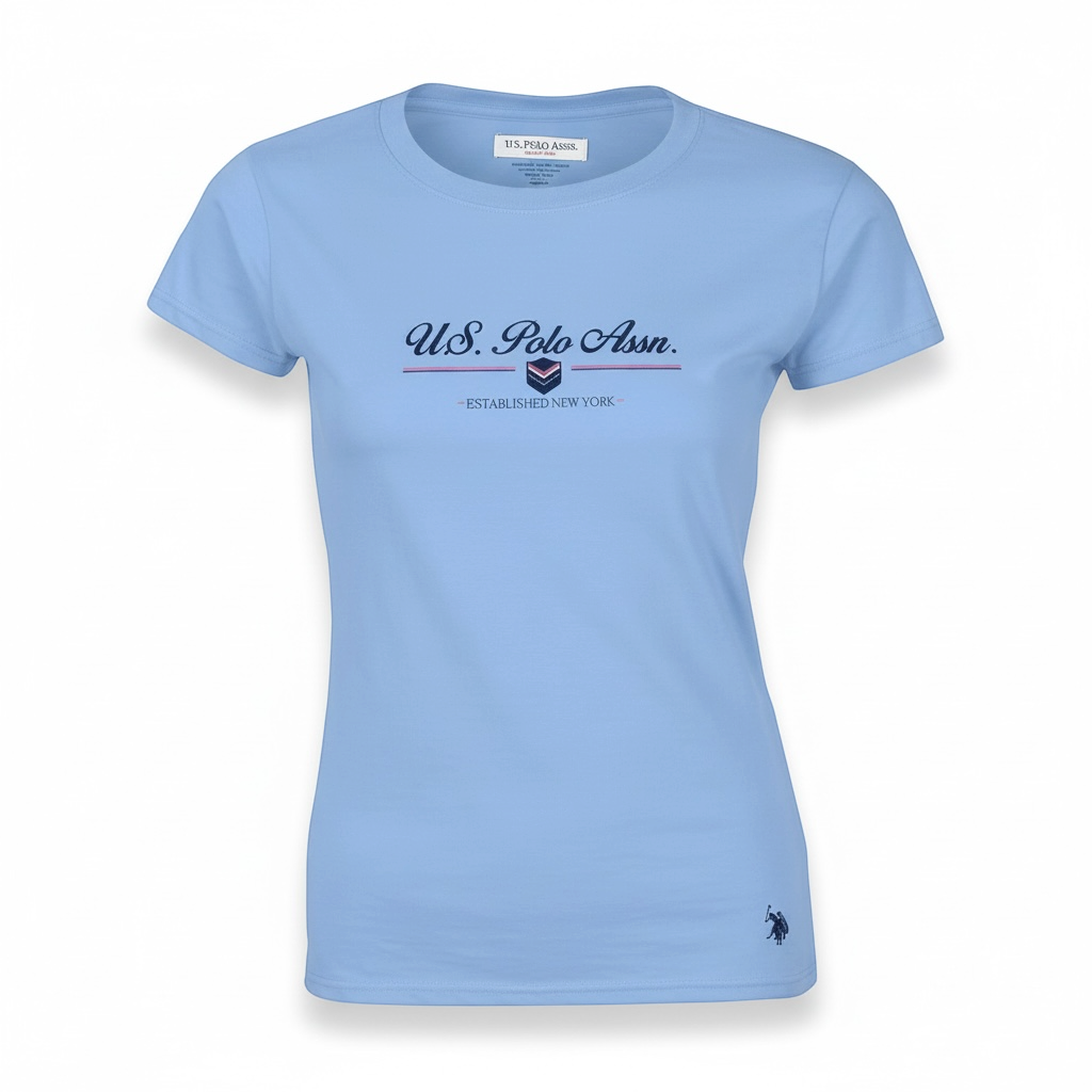 Camiseta azul claro de algodón para mujer www.treshop.com.co con estampado gráfico y logo bordado en el bajo