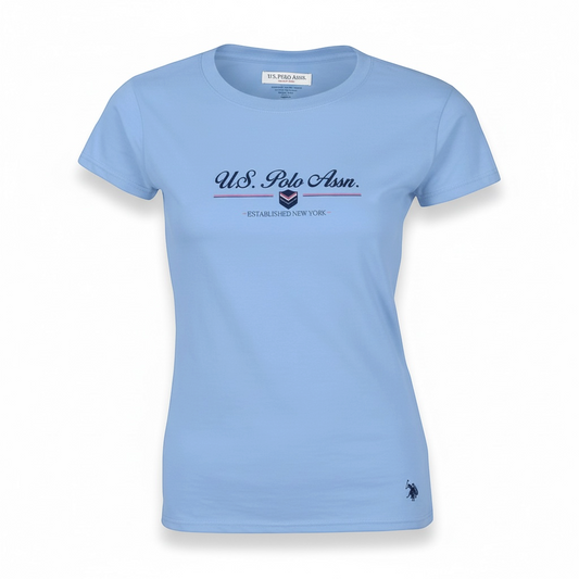 Camiseta azul claro de algodón para mujer www.treshop.com.co con estampado gráfico y logo bordado en el bajo