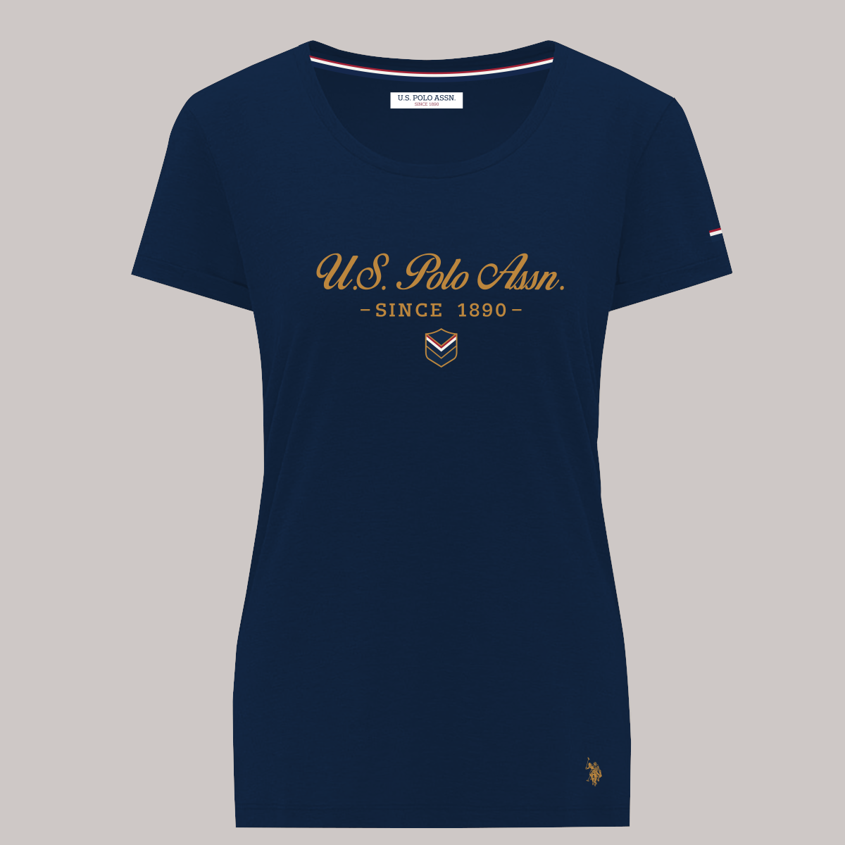 Camiseta azul marino de algodón para mujer de www.treshop.com.co con estampado dorado y logo bordado en el bajo.