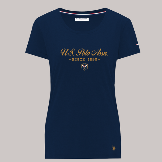 Camiseta azul marino de algodón para mujer de www.treshop.com.co con estampado dorado y logo bordado en el bajo.