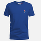 Camiseta azul de algodón para hombre de www.treshop.com.co con logo bordado y detalles tricolores en el cuello
