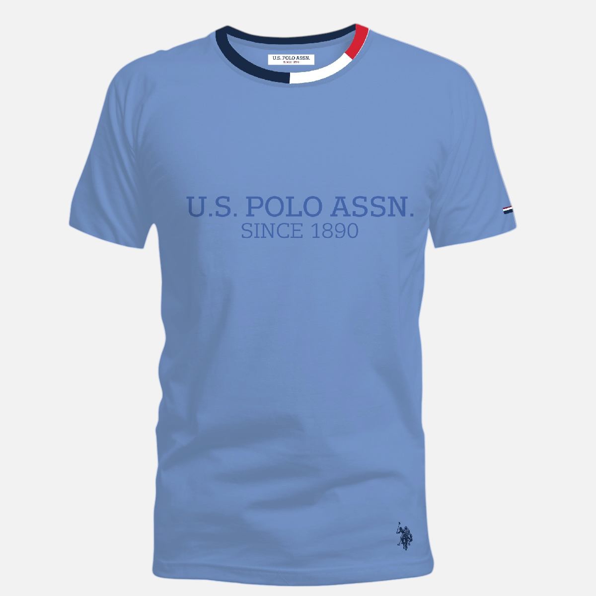 Camiseta azul claro de algodón U.S. POLO ASSN. para hombre con cuello redondo tricolor y logotipo bordado