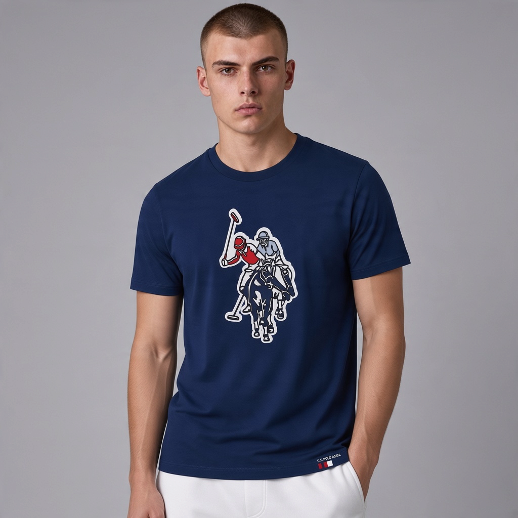 Hombre vistiendo camiseta azul marino de algodón de www.treshop.com.co con estampado frontal de jugador de polo