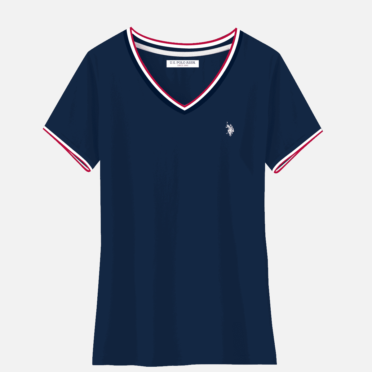 Camiseta azul marino para mujer de www.treshop.com.co con cuello en V y detalles tricolores en mangas y cuello.