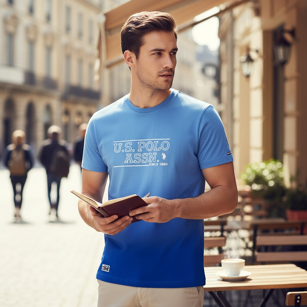 Hombre con camiseta azul degradada U.S. Polo Assn. de manga corta y cuello redondo en una terraza urbana