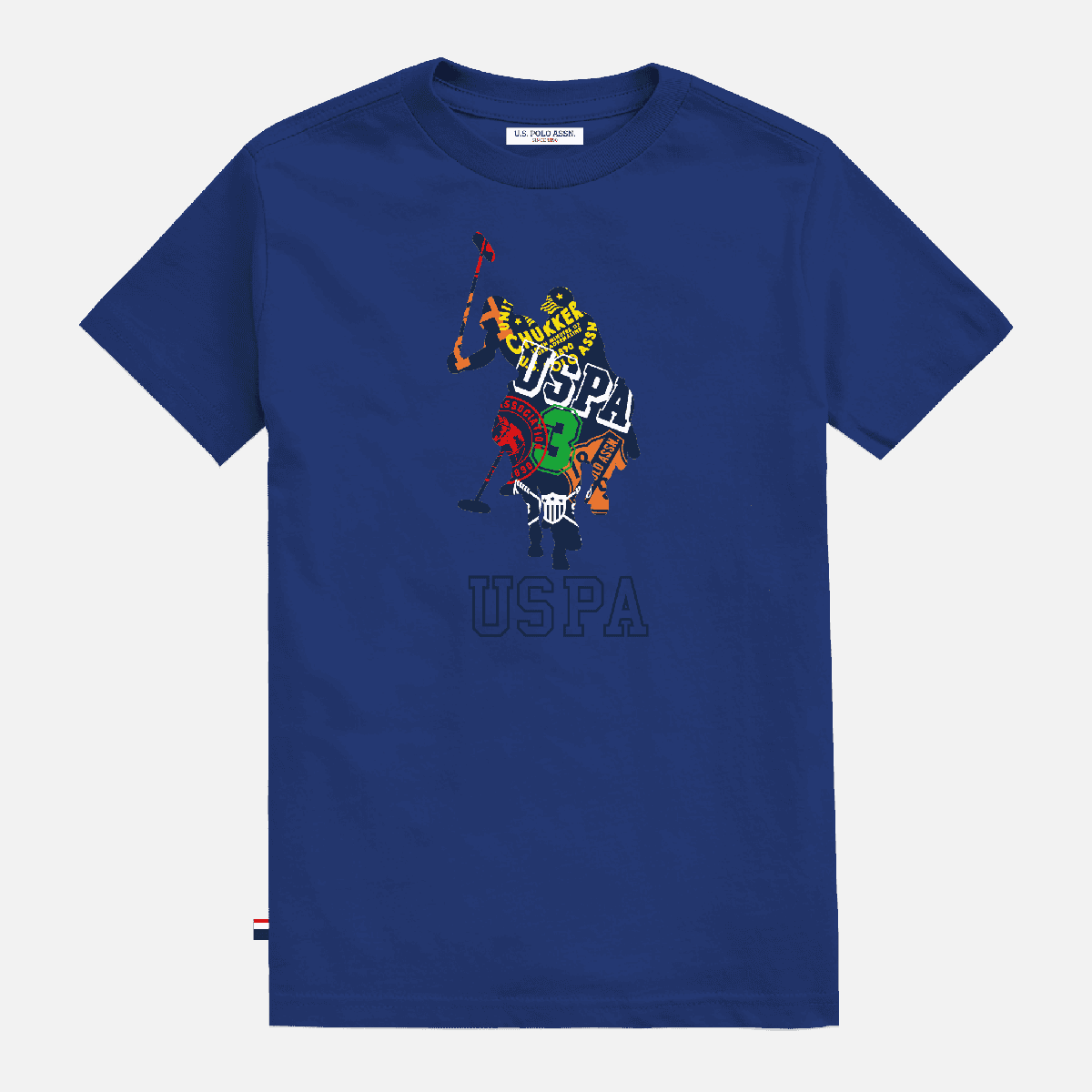 Camiseta azul de algodón para hombre de www.treshop.com.co con estampado gráfico colorido y logo de U.S. POLO ASSN.