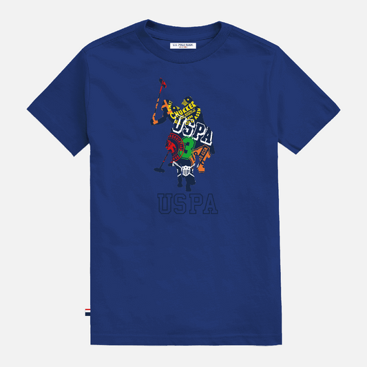 Camiseta azul de algodón para hombre de www.treshop.com.co con estampado gráfico colorido y logo de U.S. POLO ASSN.