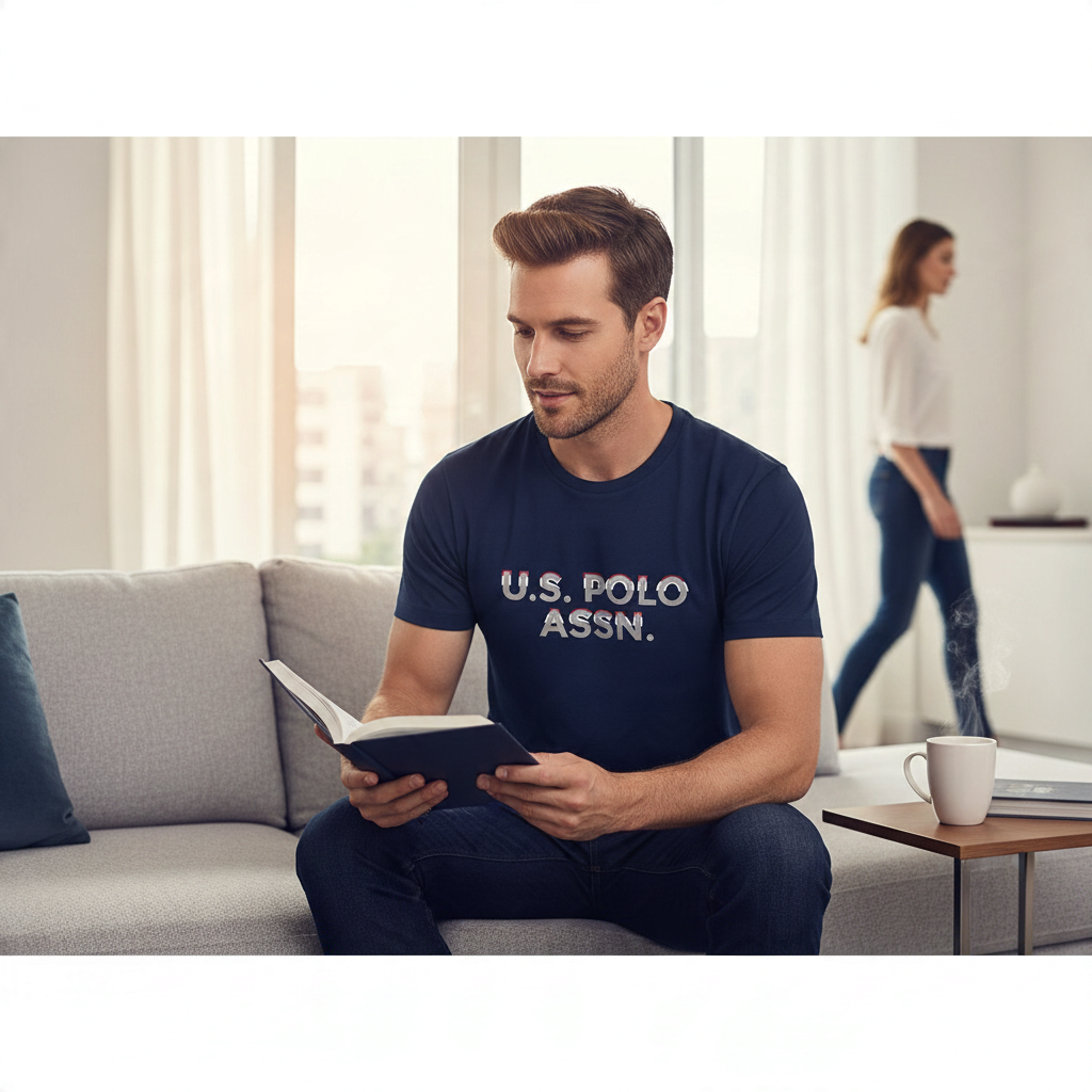 Hombre sentado en sofá leyendo con camiseta azul marino de www.treshop.com.co con logo estampado en el pecho