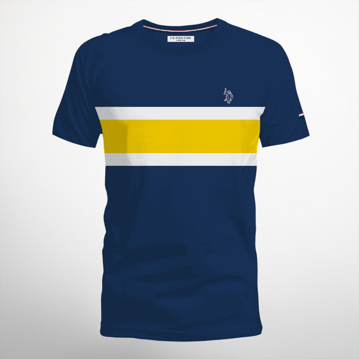Camiseta para hombre www.treshop.com.co de algodón azul con franjas horizontales amarilla y blanca y logo bordado