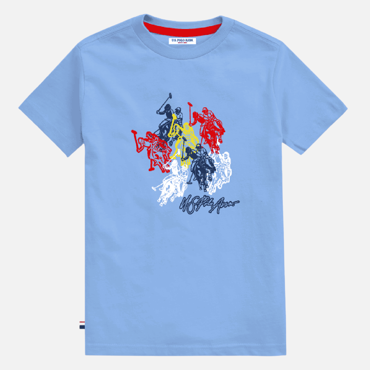 Camiseta azul claro de algodón www.treshop.com.co con estampado frontal de jugadores de polo en colores vibrantes