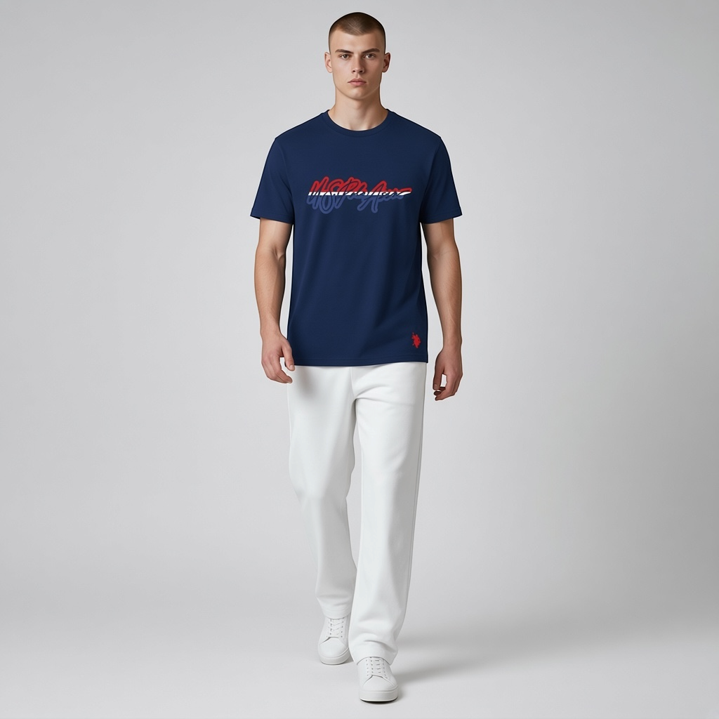 Camiseta azul marino de algodón U.S. POLO ASSN. con logo estampado y cuello redondo para hombre de www.treshop.com.co