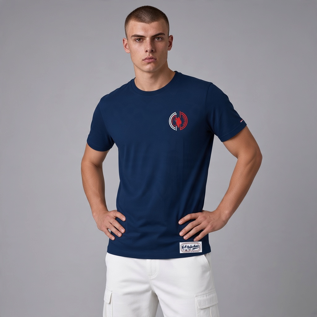 Camiseta azul marino de algodón www.treshop.com.co con logo frontal y cuello redondo, vestida por un modelo