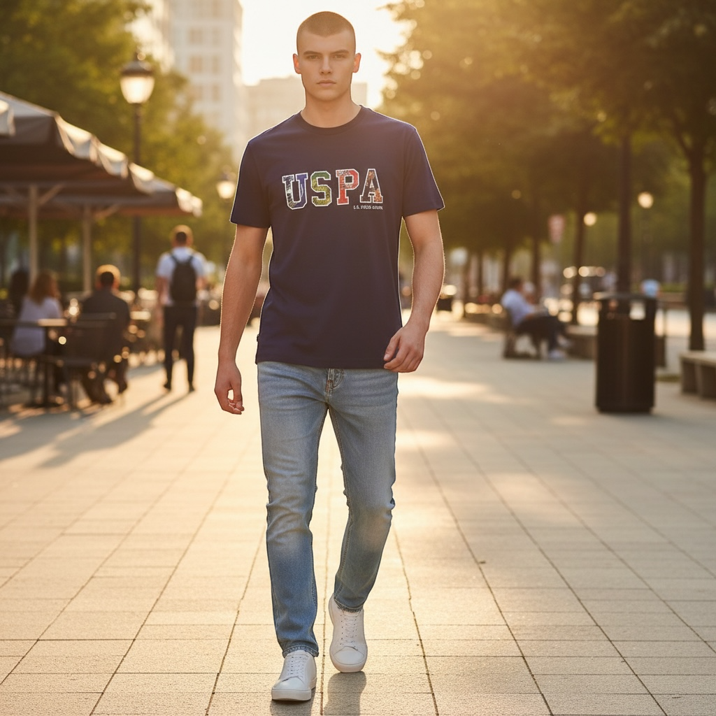 Hombre caminando en calle con camiseta azul marino U.S. Polo Assn. de algodón con logo estampado y jeans claros