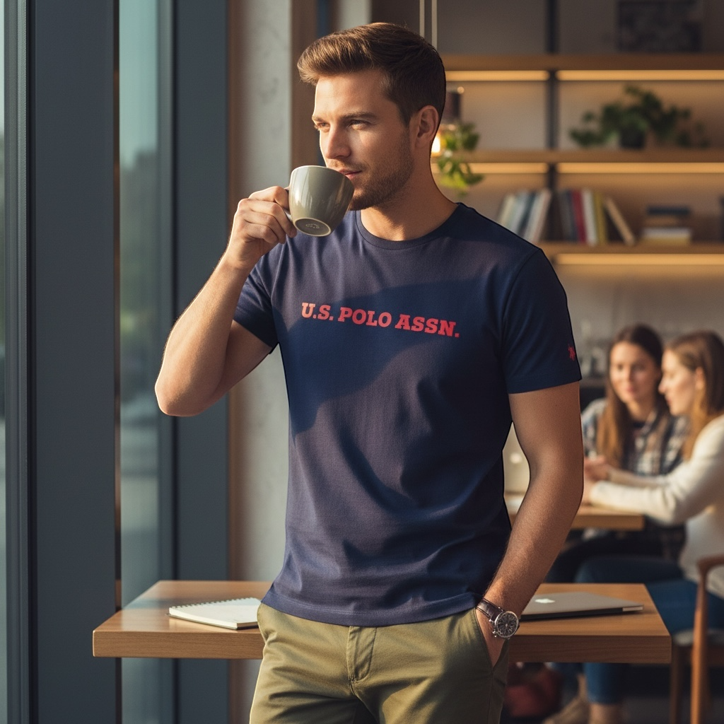 Hombre bebiendo café con camiseta azul marino U.S. POLO ASSN. con logo rojo en pecho en una cafetería de www.treshop.com.co