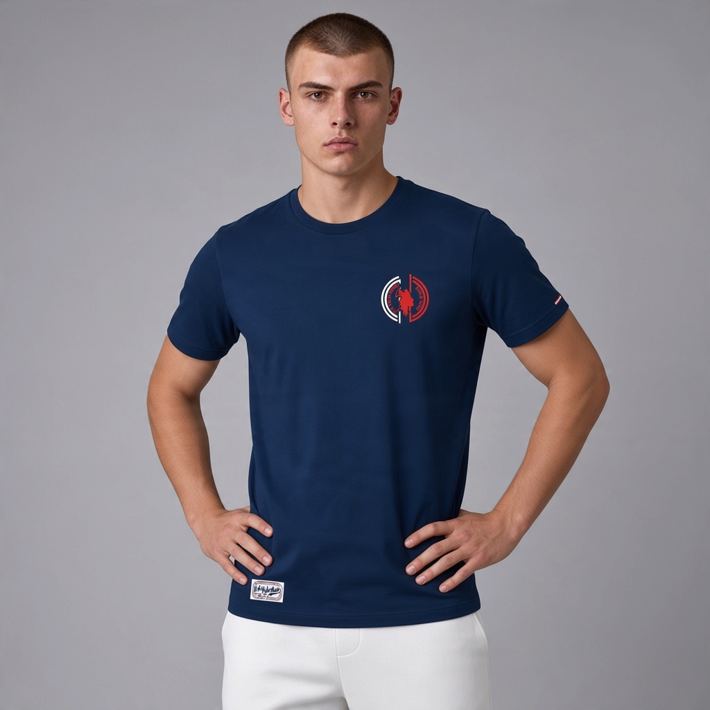 Hombre vistiendo camiseta azul marino de algodón www.treshop.com.co con logo circular rojo y blanco en el pecho