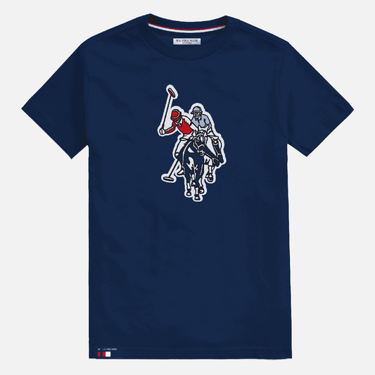 Camiseta azul marino de algodón U.S. POLO ASSN. de www.treshop.com.co con estampado de jugadores de polo en el frente