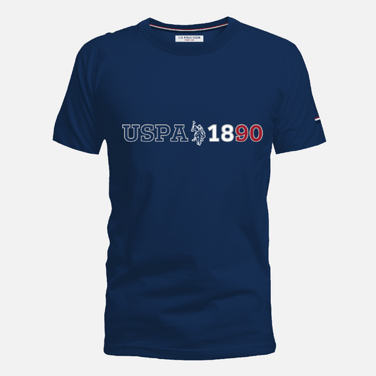 Camiseta azul marino de manga corta para hombre www.treshop.com.co con logo USPA 1890 estampado en el pecho