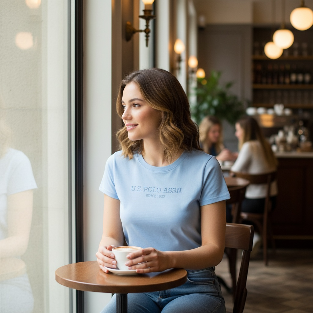 Mujer con camiseta azul claro de algodón www.treshop.com.co con logo U.S. POLO ASSN. sentada en una cafetería.