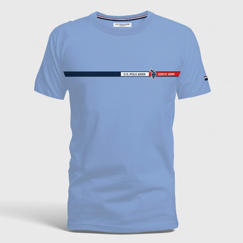 Camiseta azul claro de manga corta www.treshop.com.co con logo U.S. Polo Assn. y franja horizontal en el pecho