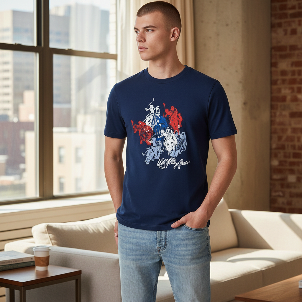Hombre vistiendo camiseta azul marino de algodón U.S. Polo Assn. con estampado gráfico de polo en www.treshop.com.co