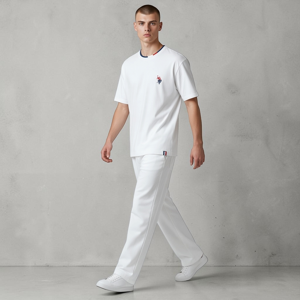 Camiseta blanca de algodón www.treshop.com.co con cuello tricolor y logo bordado, vestida por un modelo