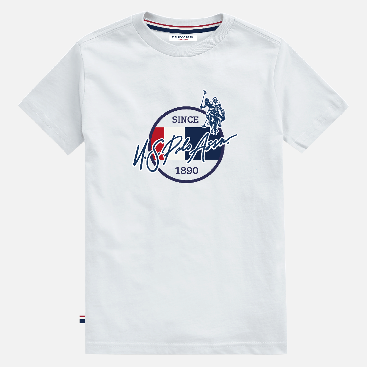 Camiseta blanca de algodón para hombre www.treshop.com.co con estampado gráfico circular y logo de U.S. Polo Assn.