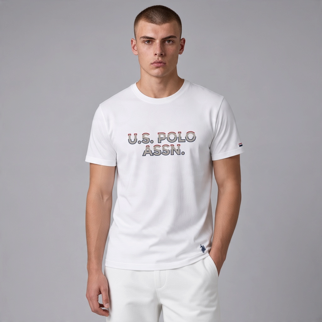 Camiseta blanca de algodón para hombre www.treshop.com.co con logo U.S. POLO ASSN. estampado en el pecho