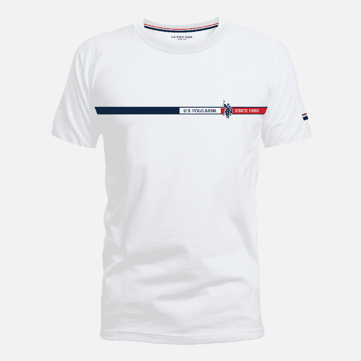 Camiseta blanca de algodón www.treshop.com.co con franja horizontal azul y roja y logo de U.S. Polo Assn.