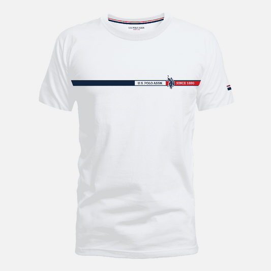 Camiseta blanca de algodón www.treshop.com.co con franja horizontal azul y roja y logo de U.S. Polo Assn.