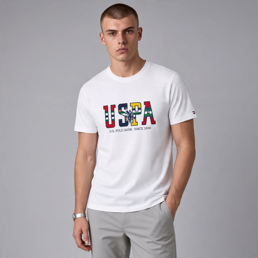Hombre vistiendo camiseta blanca de algodón U.S. Polo Assn. con logo estampado colorido en el pecho