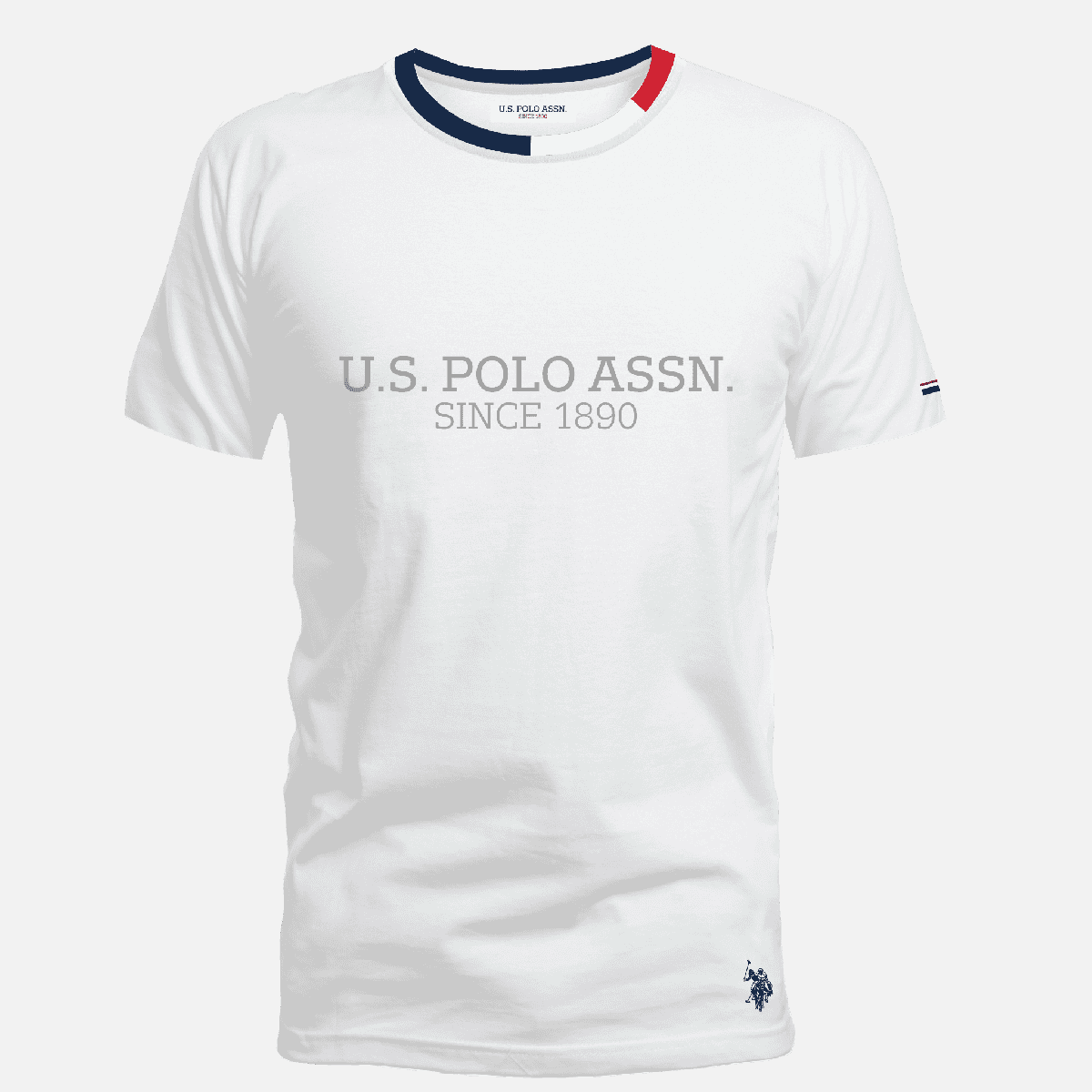 Camiseta blanca de algodón para hombre www.treshop.com.co con cuello en contraste azul y rojo y logo bordado