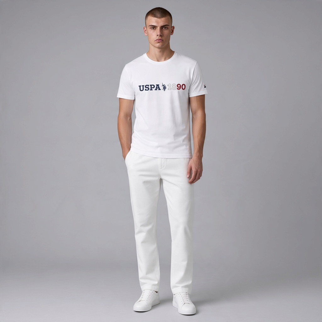 Camiseta blanca de algodón para hombre www.treshop.com.co con logo USPA 1890 y corte amplio, estilo casual y moderno.