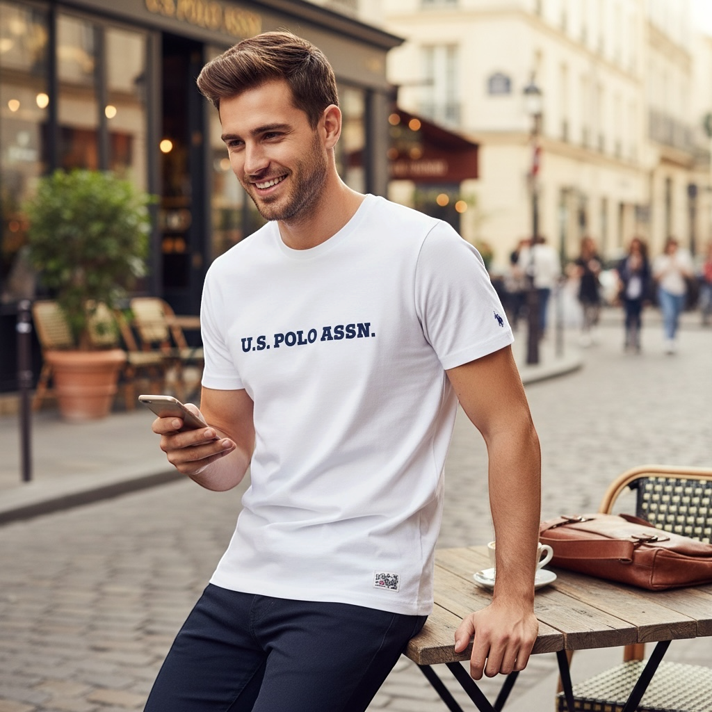 Hombre con camiseta blanca de algodón www.treshop.com.co con logo estampado en el pecho en una calle europea