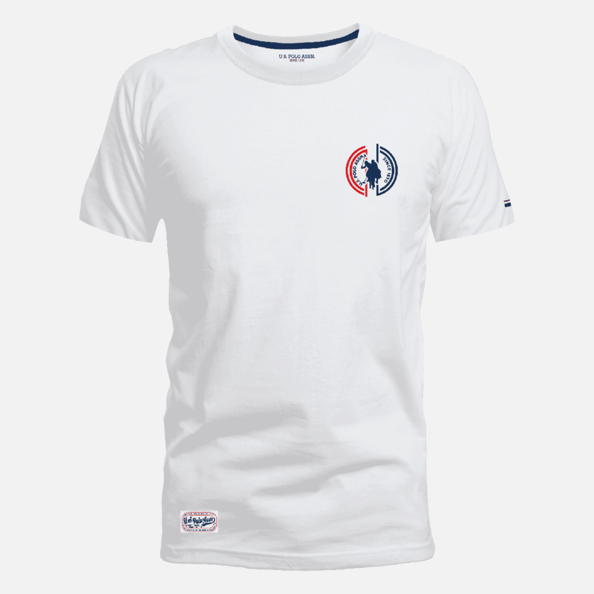 Camiseta blanca de algodón para hombre www.treshop.com.co con cuello redondo y estampado distintivo en el pecho