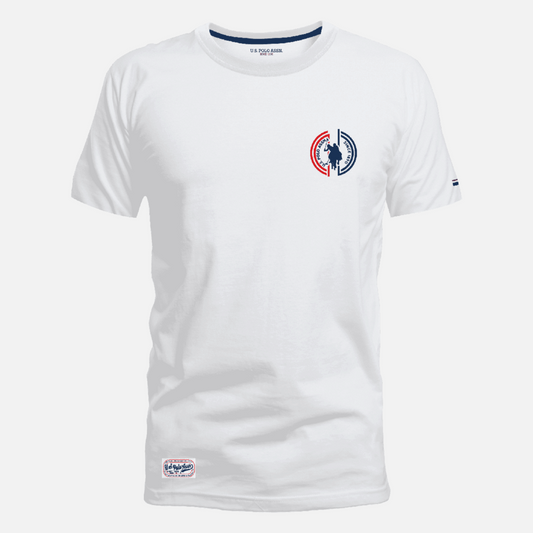 Camiseta blanca de algodón para hombre www.treshop.com.co con cuello redondo y estampado distintivo en el pecho