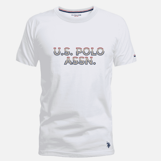 Camiseta blanca de algodón para hombre de www.treshop.com.co con logo U.S. POLO ASSN. estampado en el pecho