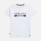 Camiseta blanca de algodón para hombre de www.treshop.com.co con logo estampado y cuello redondo