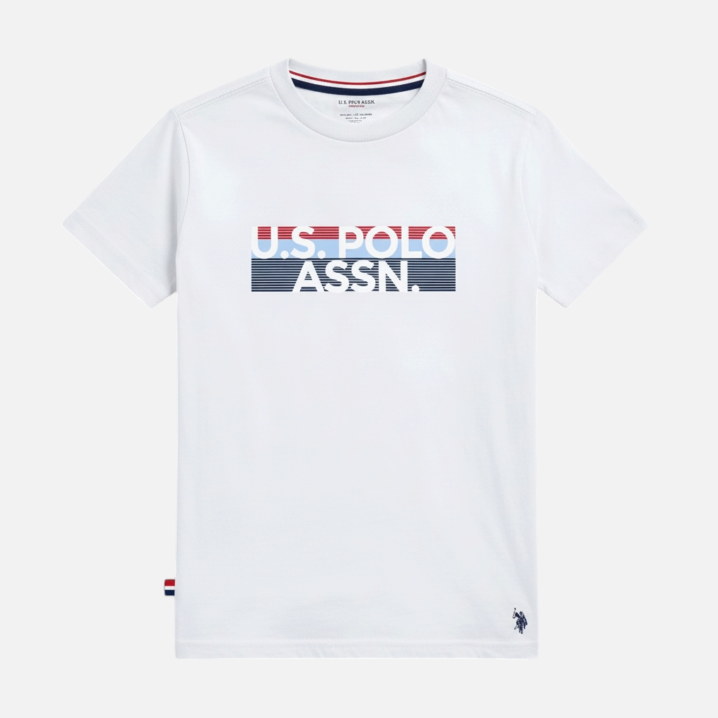 Camiseta blanca de algodón para hombre de www.treshop.com.co con logo estampado y cuello redondo