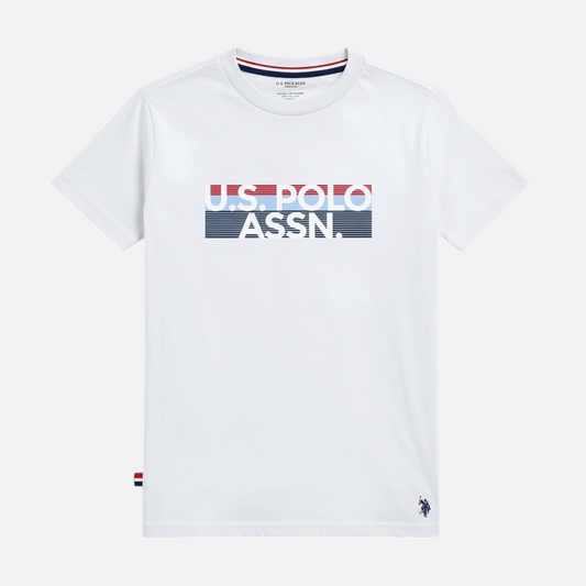 Camiseta blanca de algodón para hombre de www.treshop.com.co con logo estampado y cuello redondo