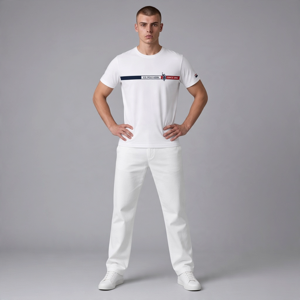 Hombre vistiendo camiseta blanca de algodón www.treshop.com.co con franja horizontal azul y roja y logo de la marca