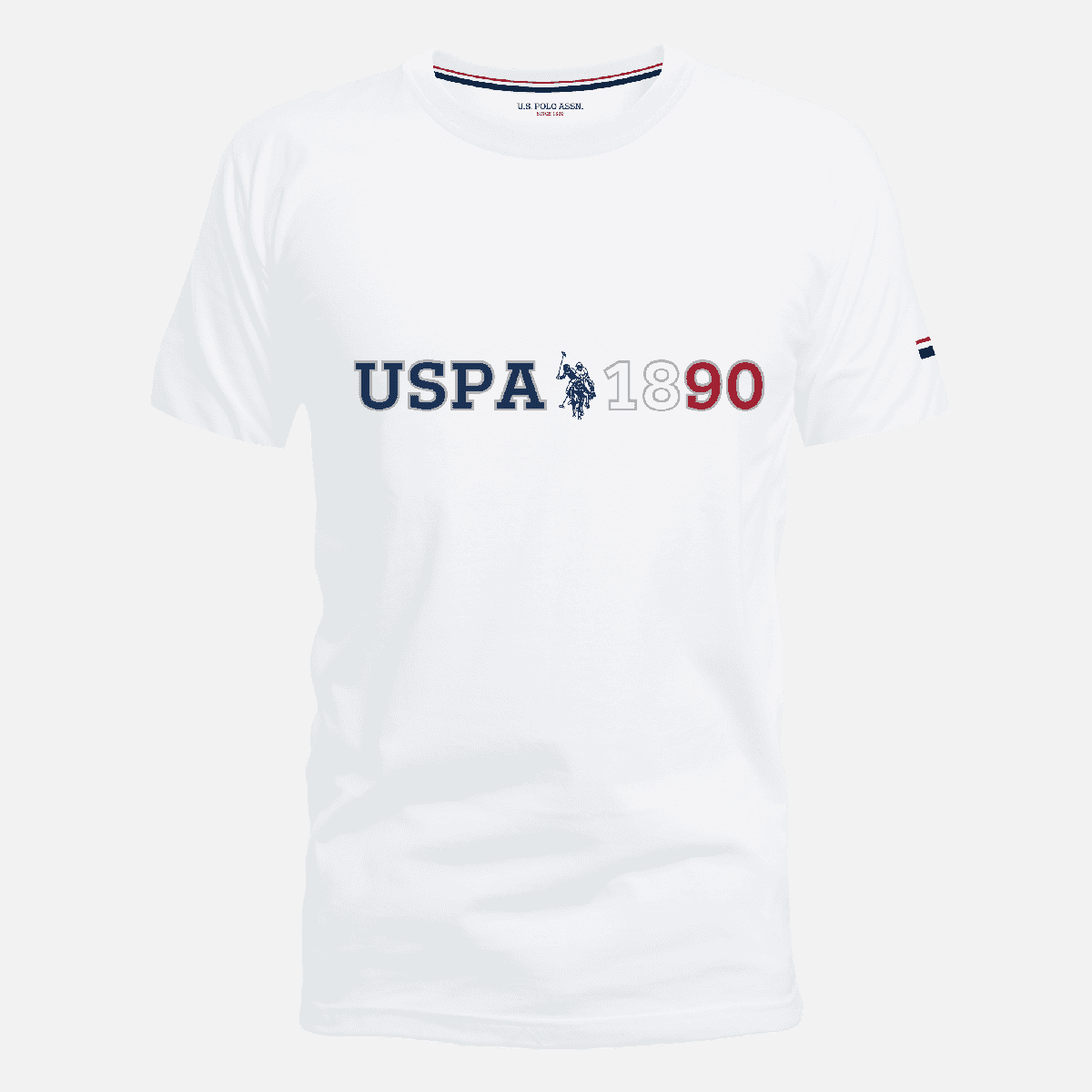 Camiseta blanca de algodón para hombre www.treshop.com.co con logo USPA 1890 estampado y cuello redondo