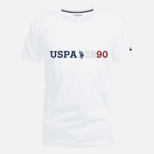 Camiseta blanca de algodón para hombre www.treshop.com.co con logo USPA 1890 estampado y cuello redondo