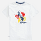 Camiseta blanca de algodón www.treshop.com.co con estampado gráfico de jugadores de polo en colores rojo, azul y amarillo